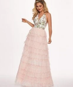 Rachel Allan - 6555 Beaded Floral Plunging Halter Dress Formal Gowns