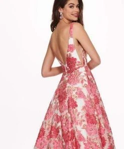 Formal Gowns Rachel Allan - 6564 Plunging V-Neck Printed Brocade Gown 16 Formal Gowns Rachel Allan - 6564 Plunging V-Neck Printed Brocade Gown