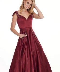 Rachel Allan - 6579 Beaded Accent Matte Satin A-Line Prom Gown Formal Gowns