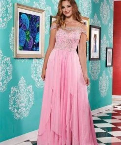 Rachel Allan - 6591 Crystal Ornate Illusion Off Shoulder Cascade Gown