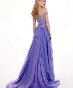 Rachel Allan - 6591 Crystal Ornate Illusion Off Shoulder Cascade Gown