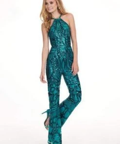 Plus Size Dresses Rachel Allan - 6600 Sequined Halter Cutout Jumpsuit