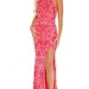 Rachel Allan - 70000 High Neck Beaded Long Dress - 1 Pc Neon Pink Coral In Size 6 Available