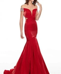 Rachel Allan - 7016 Illusion Deep Off-Shoulder Prom Dress - 1 Pc Deep Red In Size 6 Available
