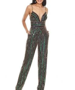 Rachel Allan - Beaded Formal Jumpsuit 7028 - 1 Pc Navy Gold Multi In Size 00 Available