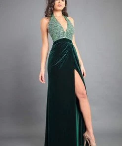 Formal Gowns Rachel Allan Couture - 8345 Beaded Halter Velvet A-line Dress
