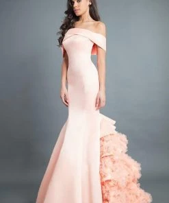 Rachel Allan Couture - 8355 Satin Off-Shoulder Ruffled Mermaid Dress Formal Gowns