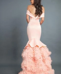 Rachel Allan Couture - 8355 Satin Off-Shoulder Ruffled Mermaid Dress Formal Gowns