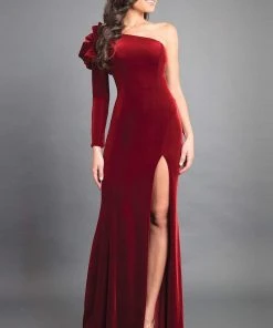 Formal Gowns Rachel Allan Couture - 8359 Velvet Ruffled One Shoulder Sheath Dress