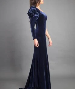 Formal Gowns Rachel Allan Couture - 8359 Velvet Ruffled One Shoulder Sheath Dress