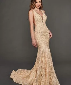 Rachel Allan Couture - 8388 Lace Embroidered Deep V-neck Trumpet Gown Formal Gowns