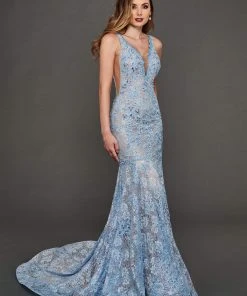 Rachel Allan Couture - 8388 Lace Embroidered Deep V-neck Trumpet Gown Formal Gowns