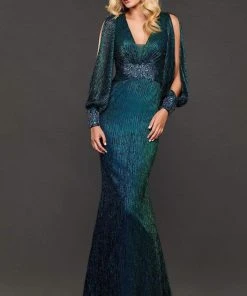 Rachel Allan Couture - 8402 Long Sleeve Plunging V-neck Trumpet Dress Formal Gowns