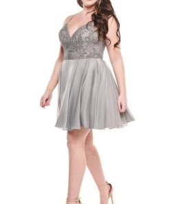 Cocktail Dresses Rachel Allan Curves - 4829 Embroidered V-neck Chiffon A-line Dress