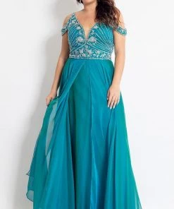 Rachel Allan Curves - 6313 Silver Embellished V-neck Chiffon Dress Formal Gowns