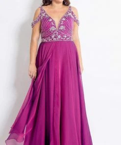 Rachel Allan Curves - 6313 Silver Embellished V-neck Chiffon Dress Formal Gowns 5 Rachel Allan Curves - 6313 Silver Embellished V-neck Chiffon Dress Formal Gowns