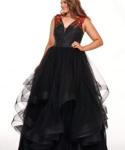 Rachel Allan Curves - 6675 Floral Embroidered Plunging Ballgown