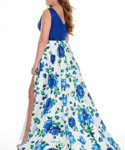 Rachel Allan Curves - 7217 V-Neck Floral High-Slit A-Line Dress