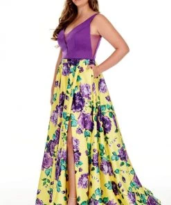 Rachel Allan Curves - 7217 V-Neck Floral High-Slit A-Line Dress
