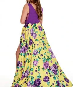 Rachel Allan Curves - 7217 V-Neck Floral High-Slit A-Line Dress