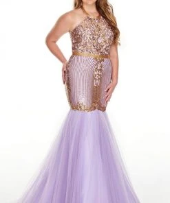 Rachel Allan Curves - 7240 Halter Sequin And Beads Trumpet Dress