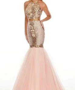 Rachel Allan - Embellished Halter Tulle Mermaid Dress 7142 Formal Gowns