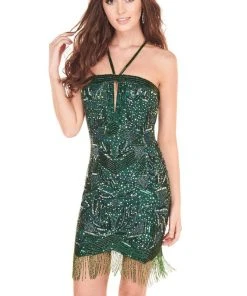 Rachel Allan Homecoming - 4010 Sequined Halter Fringe Cocktail Dress