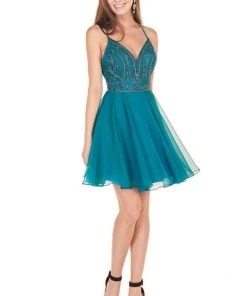 Cocktail Dresses Rachel Allan Homecoming - 4100 Applique Plunging V-neck Chiffon Dress