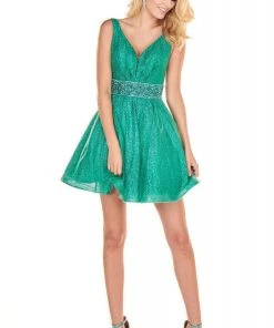 Rachel Allan Homecoming - 4132 Deep V-neck Glitter Tulle A-line Dress