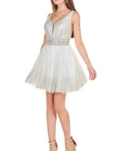 Rachel Allan Homecoming - 4132 Deep V-neck Glitter Tulle A-line Dress 6 Rachel Allan Homecoming - 4132 Deep V-neck Glitter Tulle A-line Dress