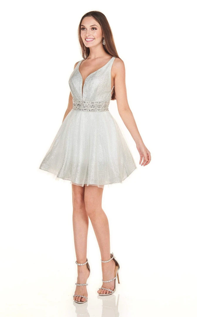 Rachel Allan Homecoming - 4132 Deep V-neck Glitter Tulle A-line Dress 4 Rachel Allan Homecoming - 4132 Deep V-neck Glitter Tulle A-line Dress