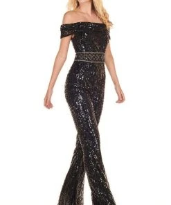 Rachel Allan Homecoming - 4147 Sequined Off-Shoulder Jumpsuit Plus Size Dresses
