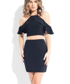 Cocktail Dresses Rachel Allan LBD - L1089 Two-Piece Ruffled Halter Cocktail Dress