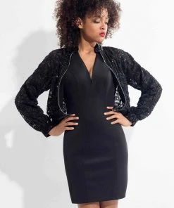 Rachel Allan LBD - L1129 Halter Dress With Lace Bomber Jacket Cocktail Dresses