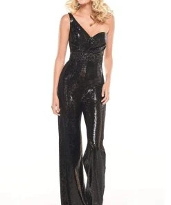 Plus Size Dresses Rachel Allan LBD - L1261 Sequined Asymmetric Neck Jumpsuit