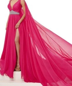Rachel Allan - Plunging V-Neck Evening Dress 50043 - 1 Pc Bright Pink Multi In Size 2 Available