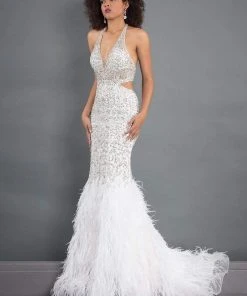 Rachel Allan Prima Donna - 5030 Feather-Fringed Cutout Long Gown Formal Gowns