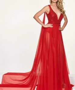 Formal Gowns Rachel Allan Prima Donna - 5043 Plunging Sequined Chiffon Gown