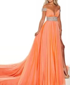 Rachel Allan Primadonna - 5105 Off-Shoulder Bejeweled A-Line Dress Formal Gowns