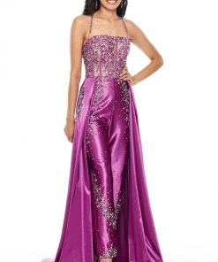 Formal Gowns Rachel Allan Prom - 7012 Embellished Halter Jumpsuit With Overlay