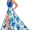 Rachel Allan Prom - 7021 Plunging Neck Floral High Slit Gown