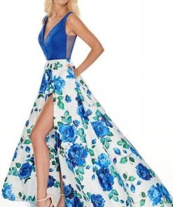 Rachel Allan Prom - 7021 Plunging Neck Floral High Slit Gown