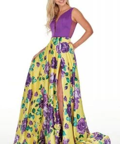 Rachel Allan Prom - 7021 Plunging Neck Floral High Slit Gown