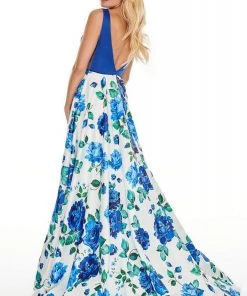 Rachel Allan Prom - 7021 Plunging Neck Floral High Slit Gown
