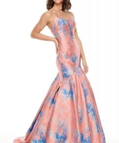 Rachel Allan Prom - 7032 Strapless Metallic Jacquard Trumpet Gown Formal Gowns