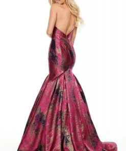 Rachel Allan Prom - 7032 Strapless Metallic Jacquard Trumpet Gown Formal Gowns