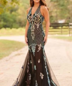 Formal Gowns Rachel Allan Prom - 7035 Sequined Plunging Halter Trumpet Dress