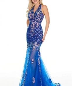 Formal Gowns Rachel Allan Prom - 7035 Sequined Plunging Halter Trumpet Dress