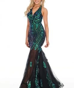 Formal Gowns Rachel Allan Prom - 7035 Sequined Plunging Halter Trumpet Dress