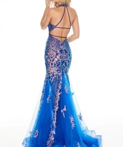 Formal Gowns Rachel Allan Prom - 7035 Sequined Plunging Halter Trumpet Dress
